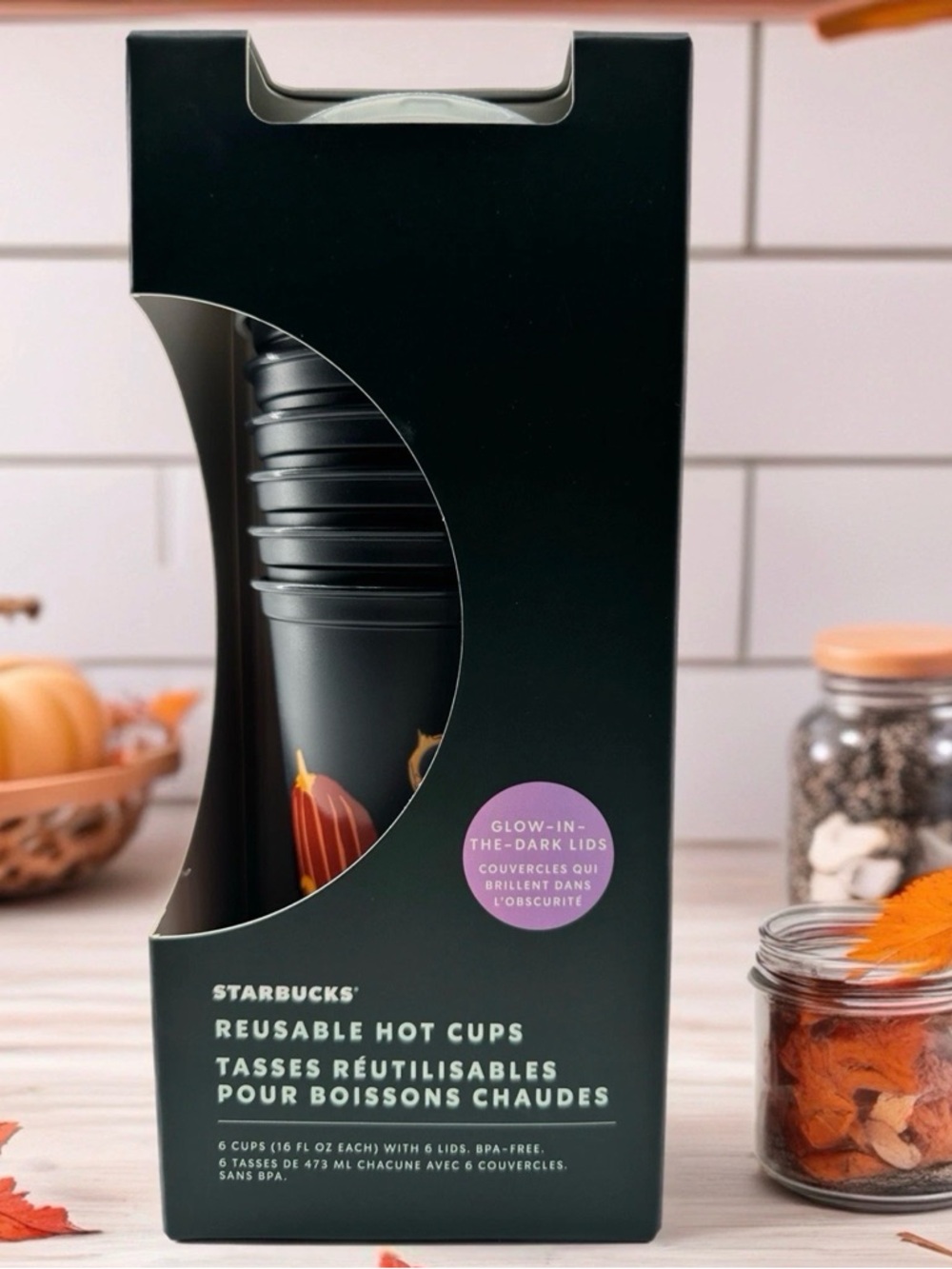 Starbucks Limited Edition Halloween 2021 Reusable Hot Cups (6 Pack) Glow Lids